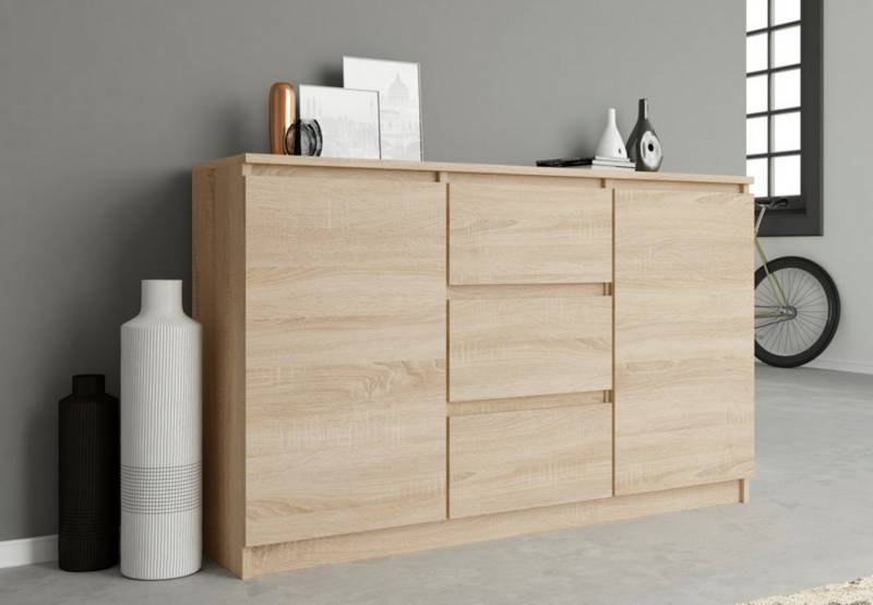 Home Collective Kommode Highboard Sideboard für Flur Schlafzimmer Wohnzimmer (Perfekt für Wohnzimmer, Schlafzimmer oder Esszimmer), mit 3 Schubladen und 2 Türen, Breite 120 cm Höhe 75, Sonoma von Home Collective