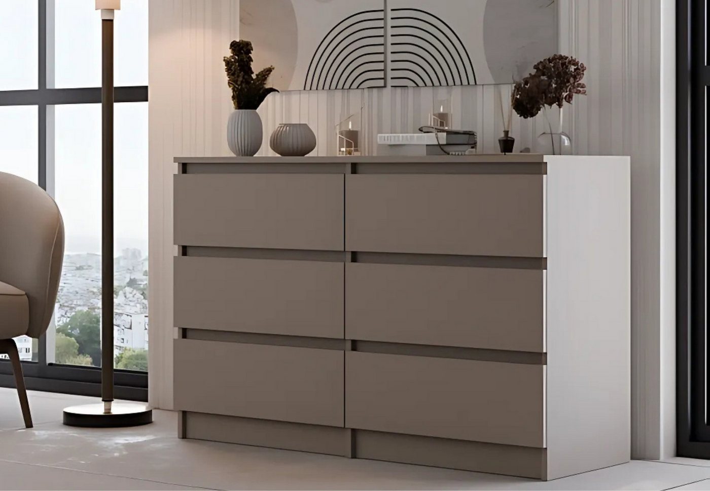 Home Collective Kommode Highboard Sideboard für Flur Schlafzimmer Wohnzimmer (Perfekt für Wohnzimmer, Schlafzimmer oder Esszimmer), mit 6 Schubladen, Breite 120 cm Höhe 75, Dunkelbeige von Home Collective