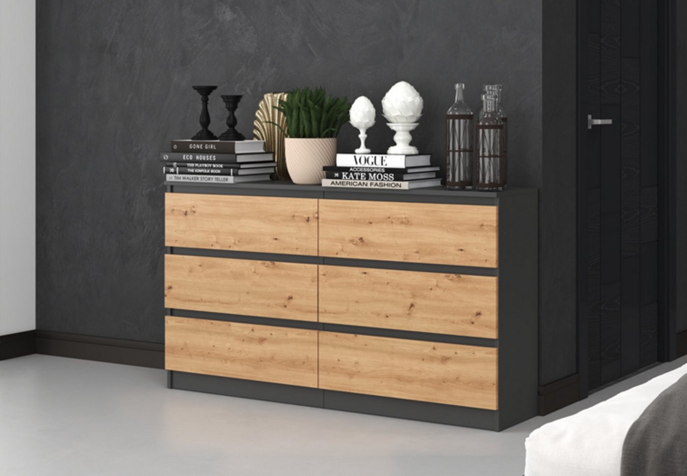 Home Collective Kommode Highboard Sideboard für Flur Schlafzimmer Wohnzimmer (Perfekt für Wohnzimmer, Schlafzimmer oder Esszimmer), mit 6 Schubladen, Breite 140 cm Höhe 75, Anthrazit Artisan von Home Collective