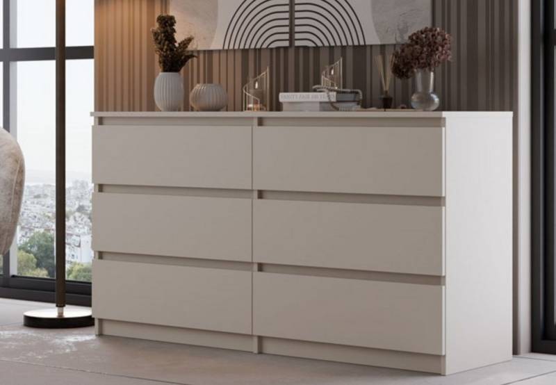 Home Collective Kommode Highboard Sideboard für Flur Schlafzimmer Wohnzimmer (Perfekt für Wohnzimmer, Schlafzimmer oder Esszimmer), mit 6 Schubladen, Breite 140 cm Höhe 75, Beige von Home Collective