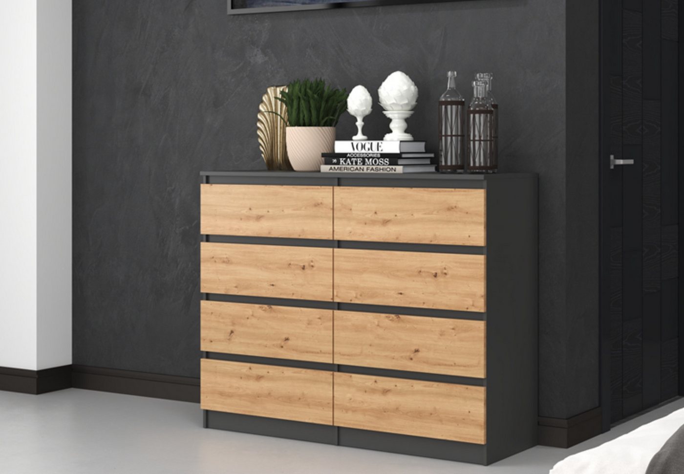 Home Collective Kommode Highboard Sideboard für Flur Schlafzimmer Wohnzimmer (Perfekt für Wohnzimmer, Schlafzimmer oder Esszimmer), mit 8 Schubladen, Breite 120 cm Höhe 97, Anthrazit Artisan von Home Collective
