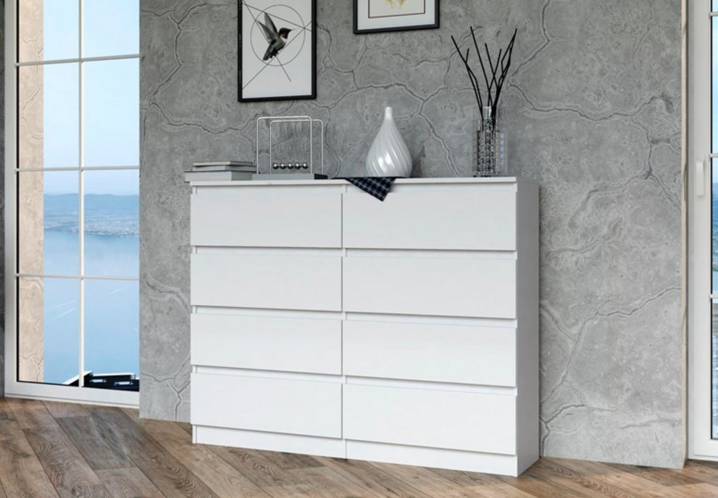 Home Collective Kommode Highboard Sideboard für Flur Schlafzimmer Wohnzimmer (Perfekt für Wohnzimmer, Schlafzimmer oder Esszimmer), mit 8 Schubladen, Breite 120 cm Höhe 97, Weiß von Home Collective