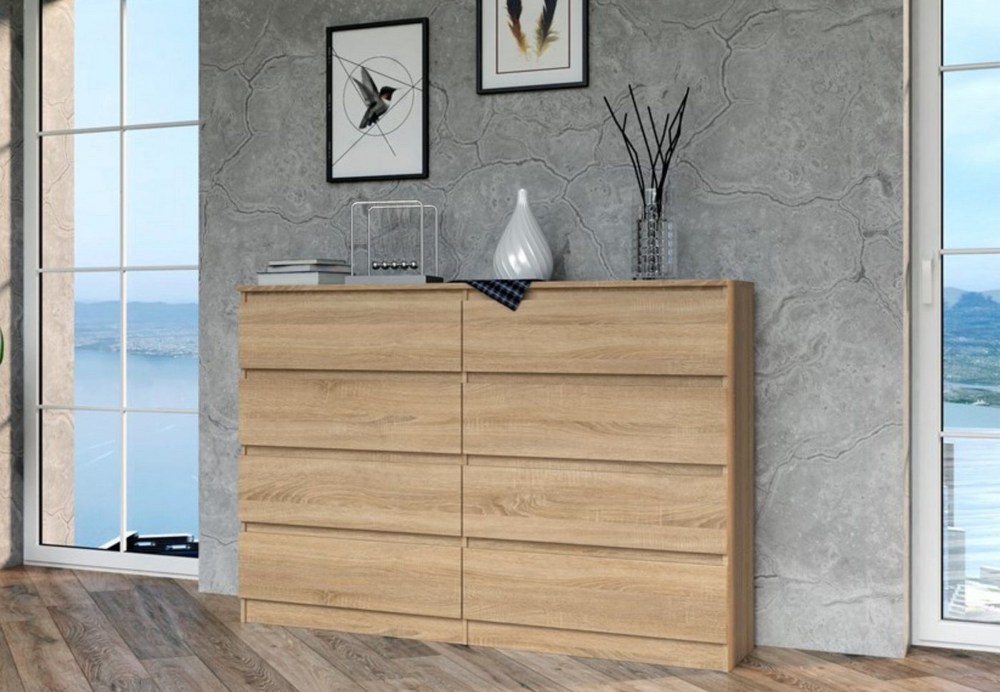 Home Collective Kommode Highboard Sideboard für Flur Schlafzimmer Wohnzimmer (Perfekt für Wohnzimmer, Schlafzimmer oder Esszimmer), mit 8 Schubladen, Breite 140 cm Höhe 97, Sonoma von Home Collective