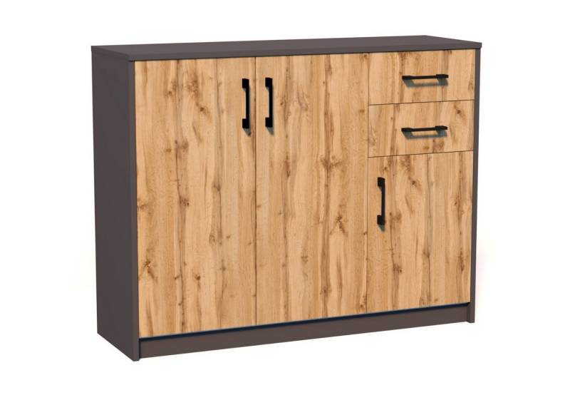 Home Collective Kommode mit 2 Schubladen und 3 Türen in matter Ausführung, Kommode 110cm breit (Hergestellt aus laminierten Platten, Metallrollen mit Auszugsperre), Holz Schrank Sideboard Highboard Kommode mit Schubladen Graphit-Eiche von Home Collective
