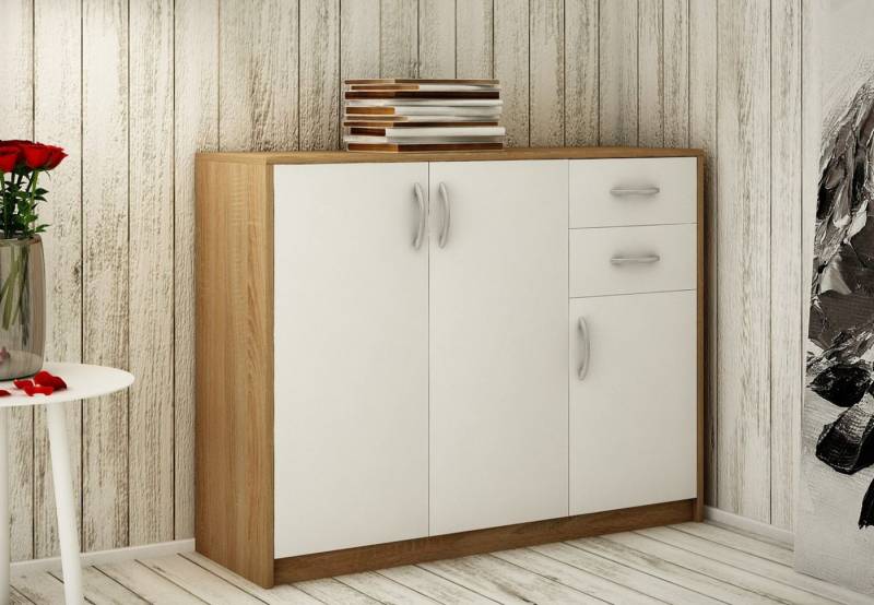 Home Collective Kommode mit 2 Schubladen und 3 Türen in matter Ausführung, Kommode 110cm breit (Hergestellt aus laminierten Platten, Metallrollen mit Auszugsperre), Holz Schrank Sideboard Highboard Kommode mit Schubladen Sonoma-Weiß von Home Collective
