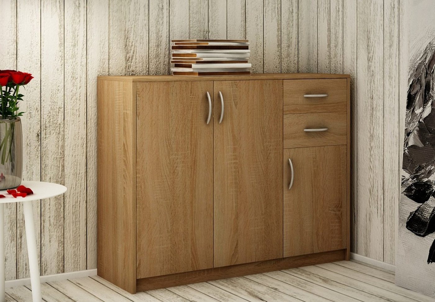 Home Collective Kommode mit 2 Schubladen und 3 Türen in matter Ausführung, Kommode 110cm breit (Hergestellt aus laminierten Platten, Metallrollen mit Auszugsperre), Holz Schrank Sideboard Highboard Kommode mit Schubladen Sonoma von Home Collective