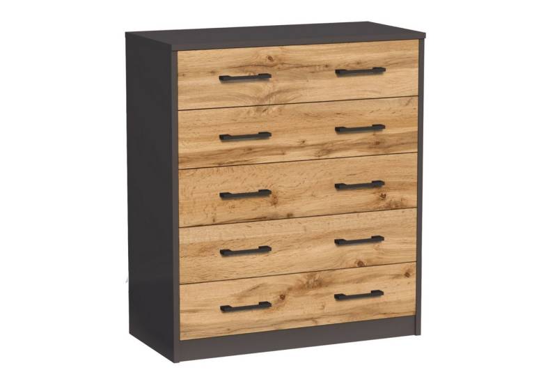 Home Collective Kommode mit 5 Schubladen mit matter Oberfläche, Kommode 74cm breit Holz (Schlafzimmer Wohnzimmer Flur Büro Organizer, Metallrollen mit Auszugsstopp), Schrank mit Schubladen Sideboard Highboard Anrichte Graphit-Eiche von Home Collective