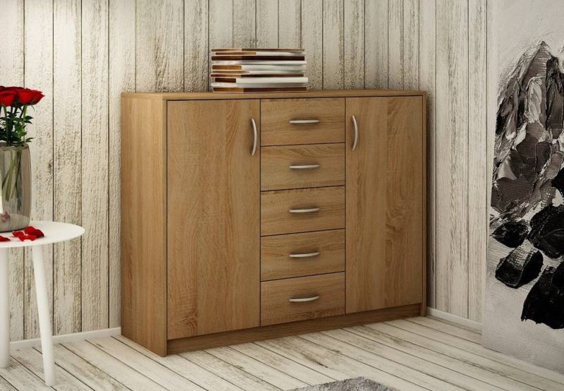 Home Collective Kommode mit 5 Schubladen und 2 Türen in matter Ausführung, Kommode 110cm breit (mit hochwertigen Polymergriffen, aus laminierter Platte gefertigt, Metallrollen mit Auszugsstopp), Holz Schrank Sideboard Highboard Kommode mit Schubladen sonoma von Home Collective
