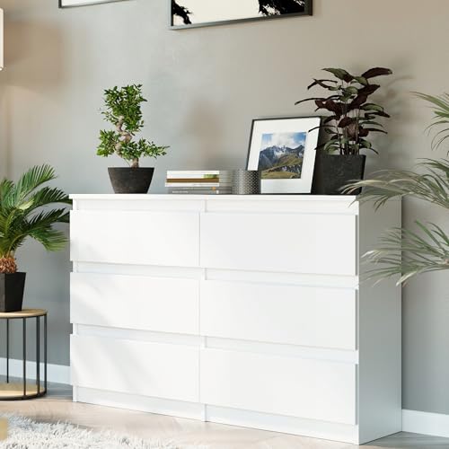 Home Collective Kommode mit 6 Schubladen Holz Schrank Kommode mit Schubladen Sideboard Highboard Anrichte Schlafzimmer Wohnzimmer Flur Büro Organizer | 120x30x77 cm Weiß von Home Collective