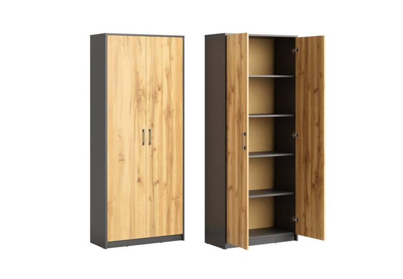 Home Collective Mehrzweckschrank Aktenschrank mit 5 Fächern Haushaltsschrank (74 cm breit aus Laminatplatte und hochwertigen Polymergriffen) in mattem Finish mit 4 Einlegeböden und 2 Türen graphit Eiche von Home Collective