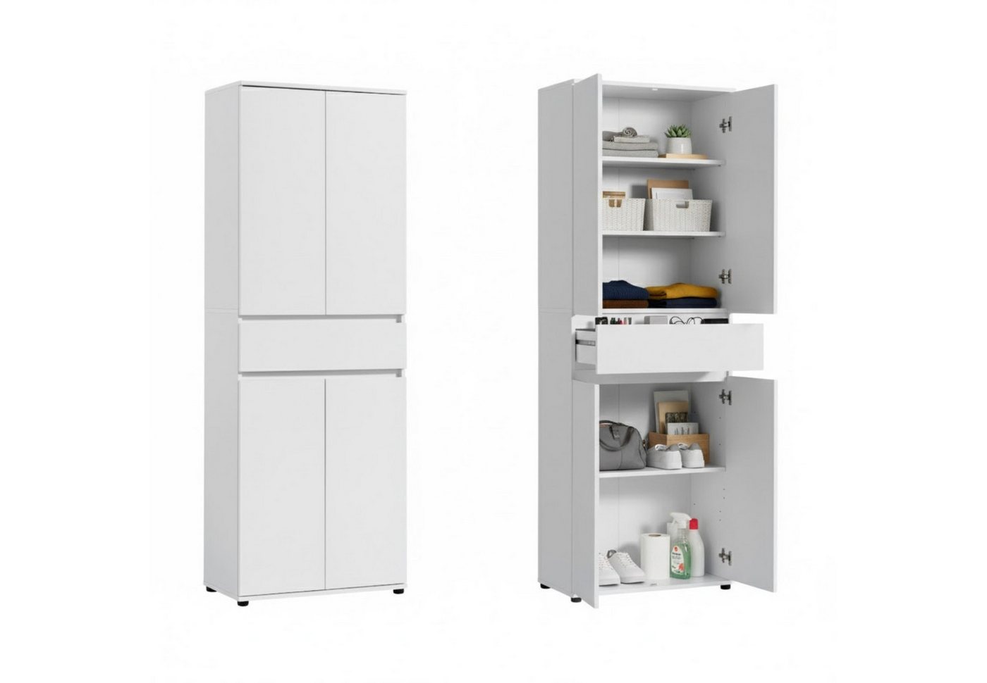 Home Collective Mehrzweckschrank Schrank 60 cm breit mit 4 Türen & Schublade mit 3 Einlegeböden 64x34x180 cm (BxTxH) Weiß von Home Collective