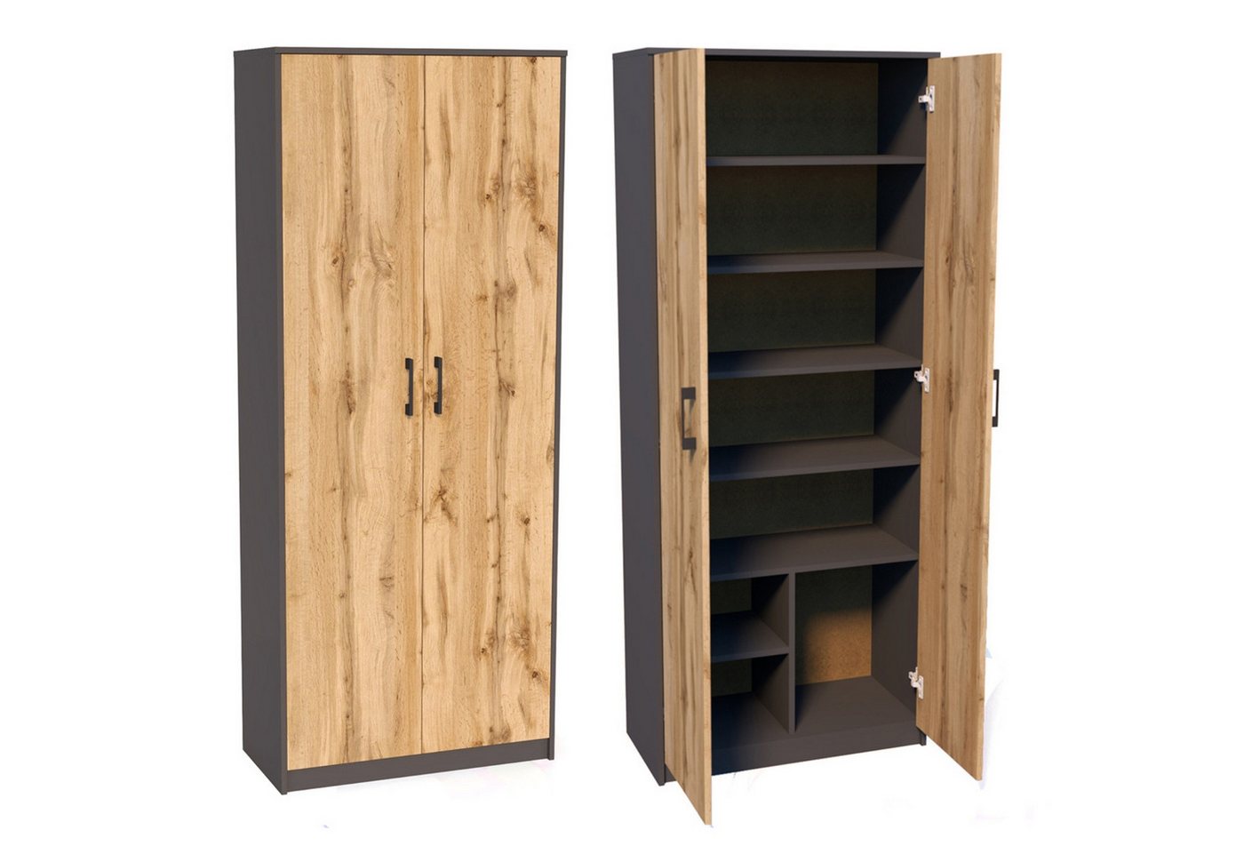Home Collective Mehrzweckschrank mit 8 Fächern Besenschrank Haushaltsschrank (74 cm breit aus Laminatplatte und hochwertigen Polymergriffen) in mattem Finish mit 6 Einlegeböden und 2 Türen graphit Eiche von Home Collective