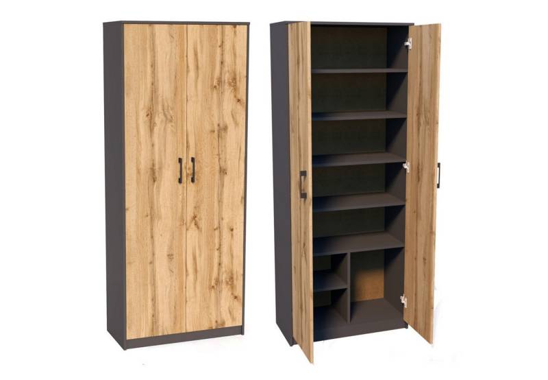 Home Collective Mehrzweckschrank mit 8 Fächern Besenschrank Haushaltsschrank (74 cm breit aus Laminatplatte und hochwertigen Polymergriffen) in mattem Finish mit 6 Einlegeböden und 2 Türen graphit Eiche von Home Collective