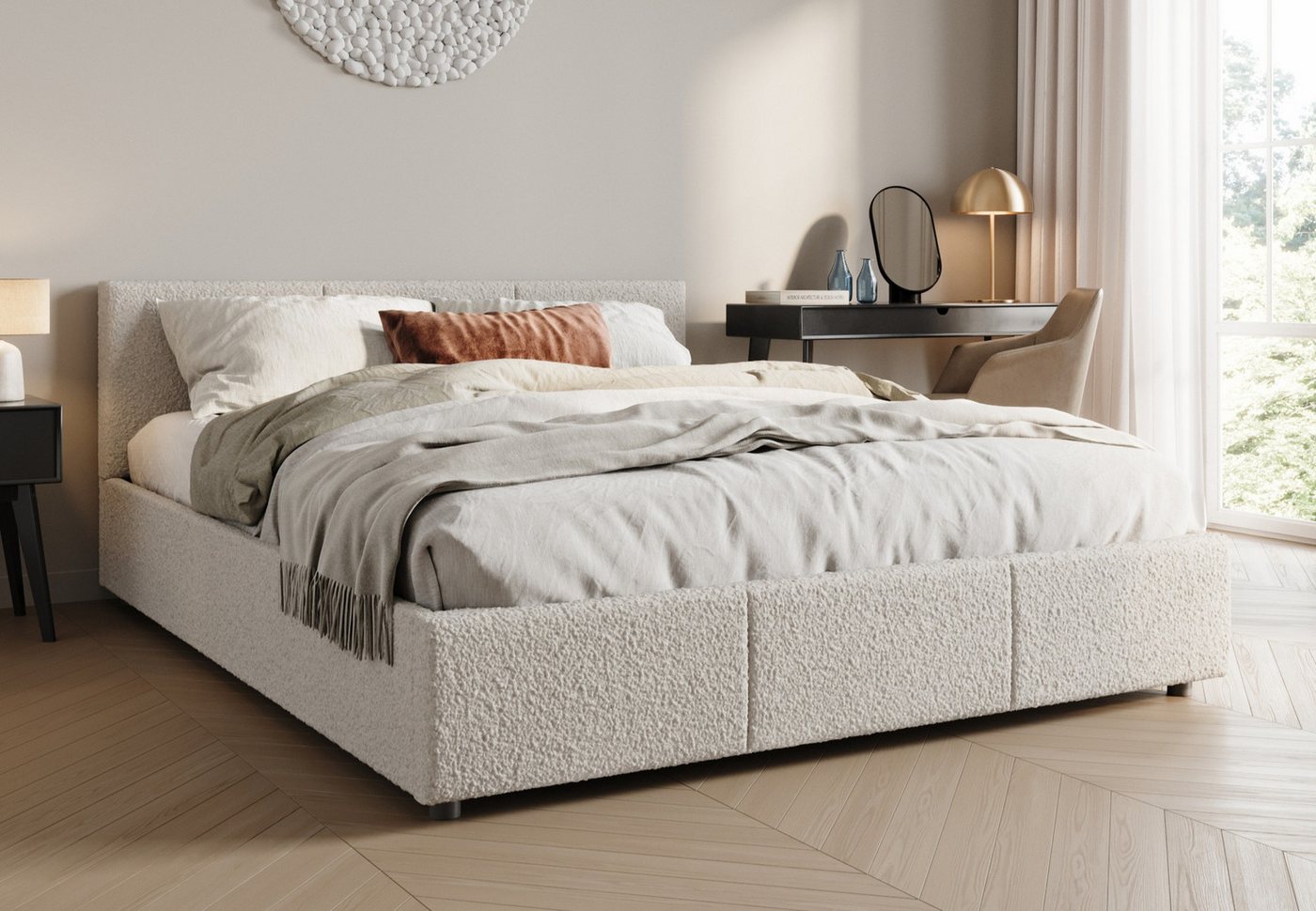 Home Collective Polsterbett Bett 140x200/160x200 Doppelbett Bettgestell mit Lattenrost & Stauraum (140x200 cm), mit Matratze, Stauraum und Bettkasten 140x200 cm in Stoff Beige von Home Collective