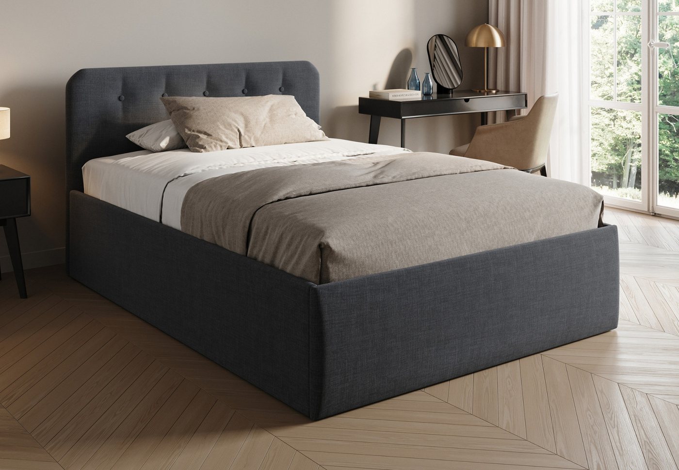 Home Collective Polsterbett Bett mit Stauraum, verstellbarem Lattenrost & Matratze, viele Größen (Größen: 100x200 120x200 140x200 160x200 180x200 200x200, hochwertiger Strukturstoff, made in Germany), wählbare Matratze Federkern oder Kaltschaum, Anthrazit von Home Collective