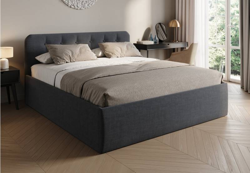 Home Collective Polsterbett Bett mit Stauraum, verstellbarem Lattenrost & Matratze, viele Größen (Größen: 100x200 120x200 140x200 160x200 180x200 200x200, hochwertiger Strukturstoff, made in Germany), wählbare Matratze Federkern oder Kaltschaum, Anthrazit von Home Collective
