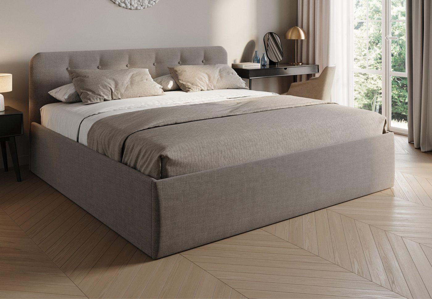 Home Collective Polsterbett Bett mit Stauraum, verstellbarem Lattenrost & Matratze, viele Größen (Größen: 100x200 120x200 140x200 160x200 180x200 200x200, hochwertiger Strukturstoff, made in Germany), wählbare Matratze Federkern oder Kaltschaum, Beige von Home Collective