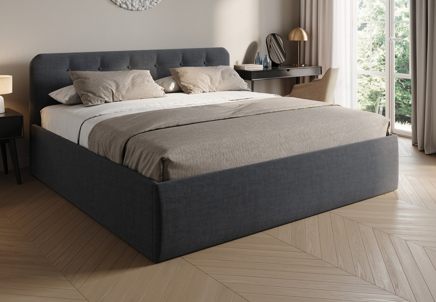 Home Collective Polsterbett Bett mit Stauraum, verstellbarem Lattenrost & Matratze, viele Größen (Größen: 100x200 120x200 140x200 160x200 180x200 200x200, hochwertiger Strukturstoff, made in Germany), wählbare Matratze Federkern oder Kaltschaum, Anthrazit von Home Collective