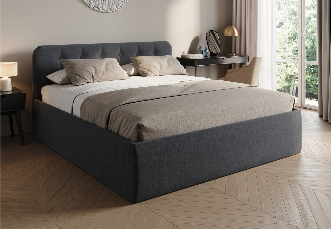 Home Collective Polsterbett Bett mit Stauraum, verstellbarem Lattenrost & Matratze, viele Größen (Größen: 100x200 120x200 140x200 160x200 180x200 200x200, hochwertiger Strukturstoff, made in Germany), wählbare Matratze Federkern oder Kaltschaum, Anthrazit von Home Collective