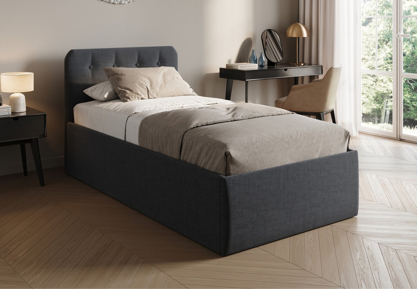 Home Collective Polsterbett Bett mit Stauraum, verstellbarem Lattenrost & Matratze, viele Größen (Größen: 100x200 120x200 140x200 160x200 180x200 200x200, hochwertiger Strukturstoff, made in Germany), wählbare Matratze Federkern oder Kaltschaum, Anthrazit von Home Collective