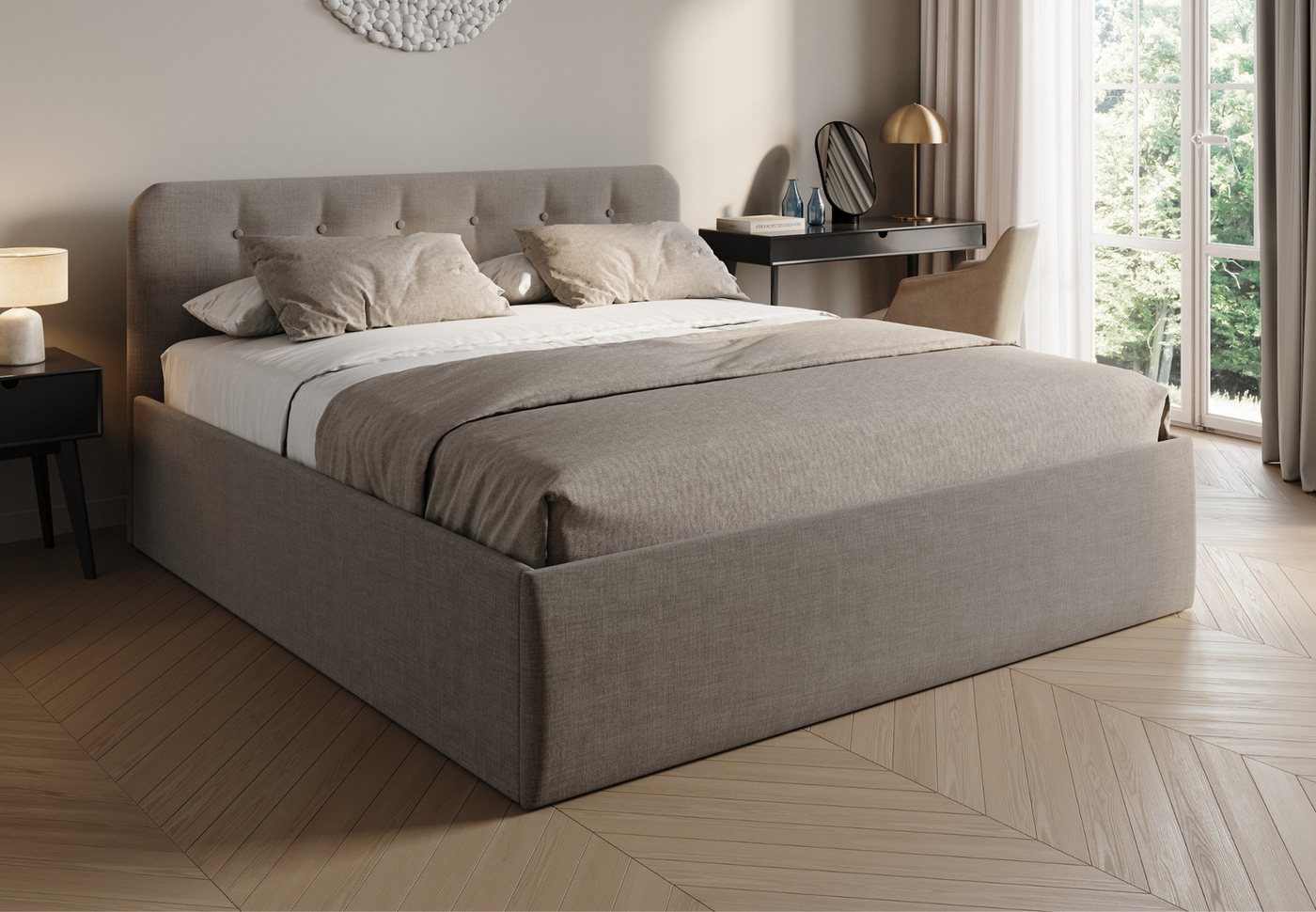 Home Collective Polsterbett Bett mit Stauraum, verstellbarem Lattenrost & Matratze, viele Größen (Größen: 100x200 120x200 140x200 160x200 180x200 200x200, hochwertiger Strukturstoff, made in Germany), wählbare Matratze Federkern oder Kaltschaum, Beige von Home Collective
