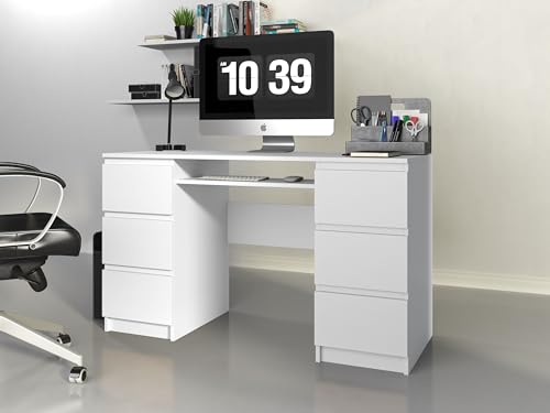 Home Collective Schreibtisch Arbeitstisch Bürotisch PC-Tisch weiß 130cm Breite 76cm Höhe mit 6 Schubladen Holzwerkstoff von Home Collective