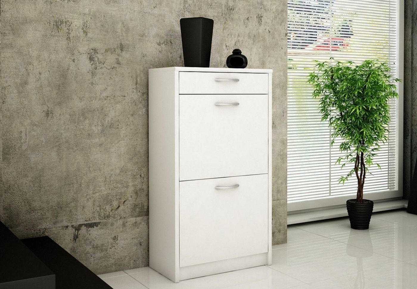 Home Collective Schuhschrank mit 1 Schublade und 2 Klappen, Schuhregal mit 3 Fächern (matte Oberfläche, platzsparende Schuhaufbewahrung) weiche abgerundete Kanten, 50 cm breit, laminierte Platte weiß von Home Collective
