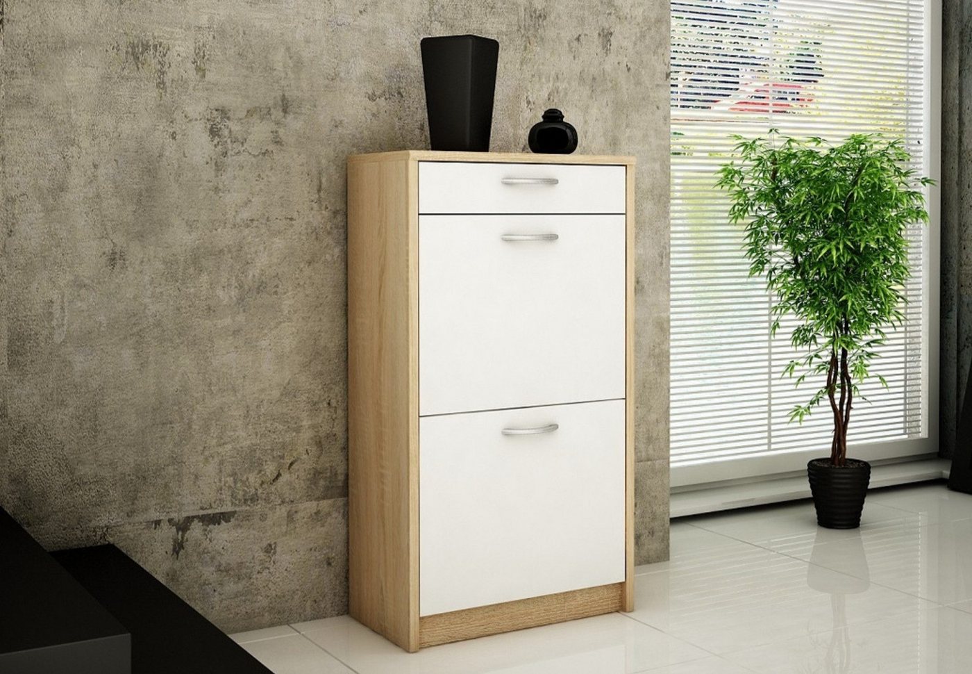 Home Collective Schuhschrank mit 1 Schublade und 2 Klappen, Schuhregal mit 3 Fächern (matte Oberfläche, platzsparende Schuhaufbewahrung) weiche abgerundete Kanten, 50 cm breit, laminierte Platte sonoma weiß von Home Collective
