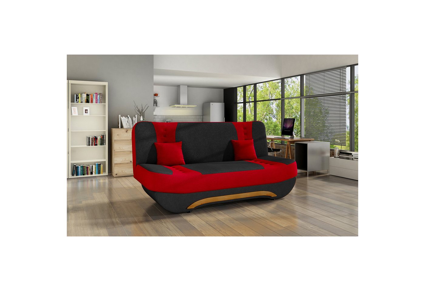 Home Collective Sofa 3-Sitzer Dreisitzer Schlafsofa, mit 2 Dekokissen und Stauraum, Anthrazit/Rot umbaubar zum Bett Doppelbett von Home Collective