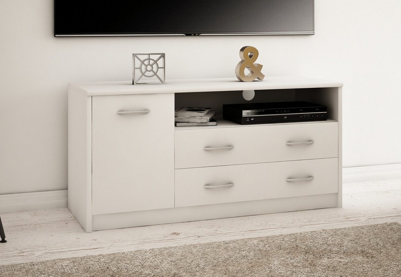 Home Collective TV-Schrank 110cm breit Lowboard mit matter Oberfläche Fernsehtisch mit 1 Tür (abgerundete Kante und Metall-Rollschienen Fernsehkommode) 2 Schubladen und 2 Regalen aus laminiertem Board weiß von Home Collective