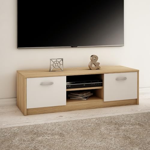 TV-Schrank 120cm breit Lowboard mit Matter Oberfläche Fernsehtisch mit 2 Türen und 1 Regal, aus laminiertem Board, abgerundete Kante und Metall-Rollschienen Fernsehkommode Sonoma weiß von Home Collective