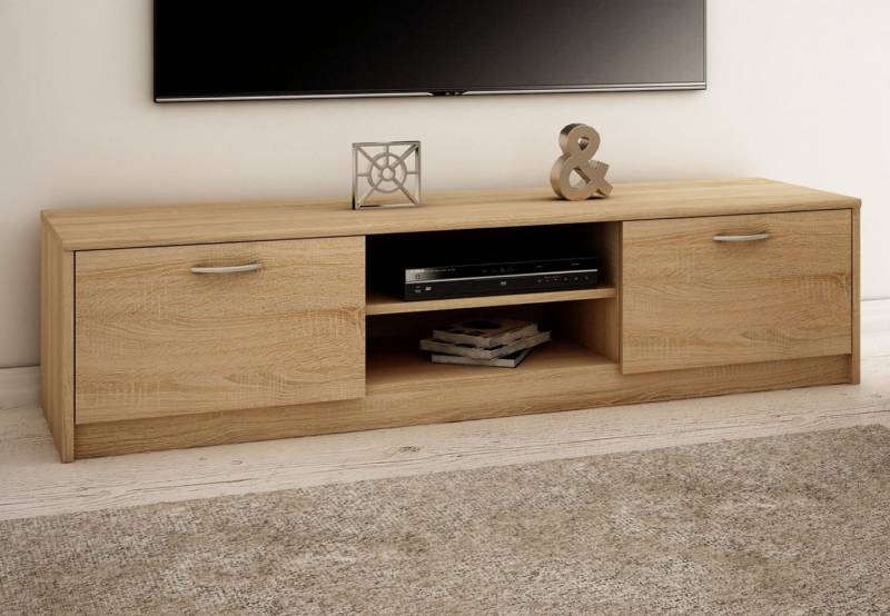 Home Collective TV-Schrank 160cm breit Lowboard mit matter Oberfläche Fernsehtisch (abgerundete Kante und Metall-Rollschienen Fernsehkommode) mit 2 Türen und 2 Regalen, aus laminiertem Board sonoma von Home Collective