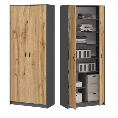 Home Collective Kleiderschrank Mehrzweckschrank Regal grau 74cm breit 180cm hoch mit sechs Einlegeböden und Extra-Fach, Aktenschrank Haushaltsschrank Schrank Organizer aus Holz Home Collective Kleiderschrank Mehrzweckschrank Regal grau 74cm breit 180cm hoch mit sechs Einlegeböden und Extra-Fach, Aktenschrank Haushaltsschrank Schrank Organizer aus Holz von Home Collective