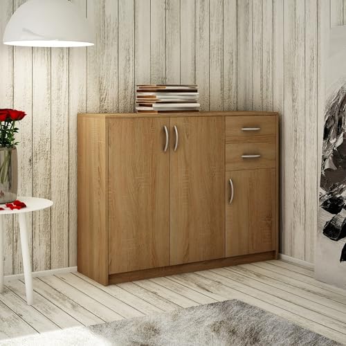 Home Collective Kommode mit 2 Schubladen und 3 Türen in Matter Ausführung Kommode 110cm breit mit hochwertigen Polymergriffen Holz Schrank mit Schubladen Aus laminierter Platte gefertigt Sonoma von Home Collective