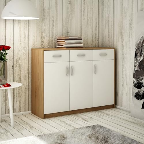 Home Collective Kommode mit 3 Schubladen und 3 Türen in matter Ausführung Kommode 110cm breit mit hochwertigen Polymergriffen Holz Schrank mit Schubladen - Aus laminierter Platte gefertigt sonoma weiß Home Collective Kommode mit 3 Schubladen und 3 Türen in matter Ausführung Kommode 110cm breit mit hochwertigen Polymergriffen Holz Schrank mit Schubladen - Aus laminierter Platte gefertigt sonoma weiß von Home Collective