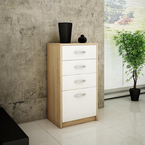 Kommode mit 4 Schubladen mit matter Oberfläche, Kommode 45cm breit Holz Schrank Kommode mit Schubladen Sideboard Highboard Anrichte Schlafzimmer Wohnzimmer Flur Büro Organizer sonoma weiß von Home Collective
