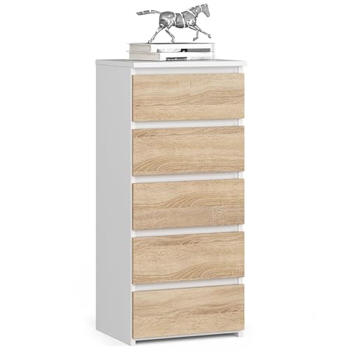 Kommode mit 5 Schubladen Kommode Schlafzimmer Flur Wohnzimmer Organizer Kommode mit Schubladen 40 cm breit 92 cm hoch | weiß-sonoma Eiche Highboard Sideboard Mehrzweckschrank Schrank schmal von Home Collective