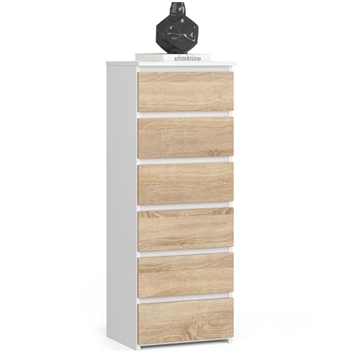 Home Collective Kommode mit 6 Schubladen Schlafzimmer Flur Wohnzimmer Organizer Kommode mit Schubladen 40 cm breit 109 cm hoch weiß Sonoma Holz Highboard Sideboard Mehrzweckschrank Schrank schmal von Home Collective
