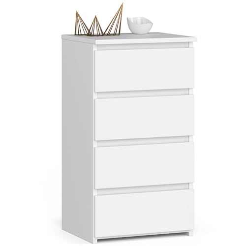 Kommode mit Vier Schubladen, elegant, für minimalistische Innenräume, 74 cm hoch und 40 cm breit, Wohnzimmer, Schlafzimmer, Flur, Schrank, Sideboard, Highboard, viel Stauraum, weiß von Home Collective