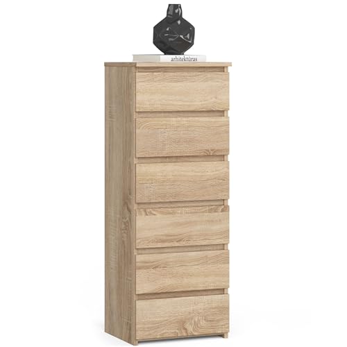 Kommode mit sechs Schubladen, elegant, für minimalistische Innenräume, 109 cm hoch und 40 cm breit, Wohnzimmer, Schlafzimmer, Flur, Schrank, Sideboard, Highboard, viel Stauraum, Sonoma von Home Collective