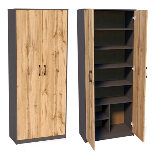 Mehrzweckschrank mit 8 Fächern Besenschrank Haushaltsschrank in mattem Finish mit 6 Einlegeböden und 2 Türen, 74 cm breit aus Laminatplatte und hochwertigen Polymergriffen graphit Eiche Mehrzweckschrank mit 8 Fächern Besenschrank Haushaltsschrank in mattem Finish mit 6 Einlegeböden und 2 Türen, 74 cm breit aus Laminatplatte und hochwertigen Polymergriffen graphit Eiche von Home Collective