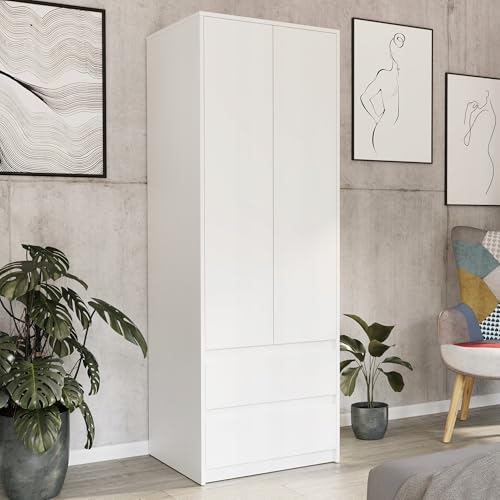 Moderner Kleiderschrank mit 2 Schubladen, 2-türiger Kleiderschrank Garderobenschrank, Platzsparender Schrank für Schlafzimmer, Ankleidezimmer, Flur, Kinderzimmer, 63x55x180 cm (BxTxH), Weiß von Home Collective