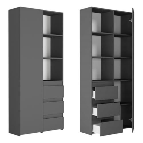 Regal mit Tür, Bücherregal, Holzregal | Funktional & langlebig mit 3 Schubladen | Ideal für stilvolle Aufbewahrung | 80x30x180 cm (BxTxH) | Anthrazit von Home Collective