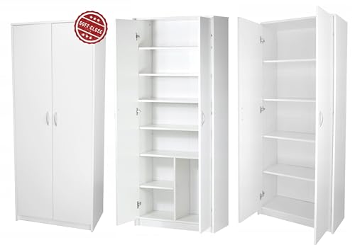 Kleiderschrank Mehrzweckschrank mit Soft Close Türdämpfer Regal weiß 74cm breit 180cm hoch mit sechs Einlegeböden und Extra-Fach, Aktenschrank Haushaltsschrank Schrank Organizer aus Holz von Home Collective