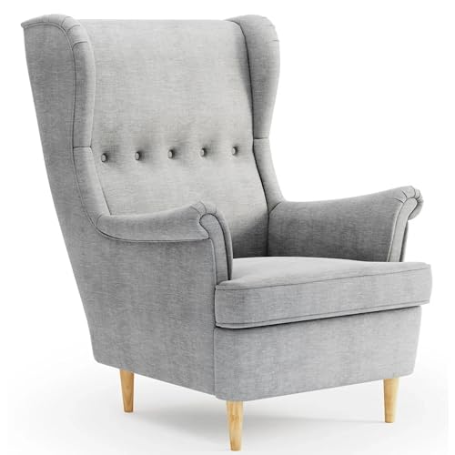 Sessel Ohrensessel Relaxsessel Sessel Wohnzimmer Polstersessel Lesesessel Fernsehsessel | Ergonomisch & Komfortabel | Hohe Rückenlehne, Holzbeine | 81x90x101 cm (BxTxH) | Hellgrau von Home Collective