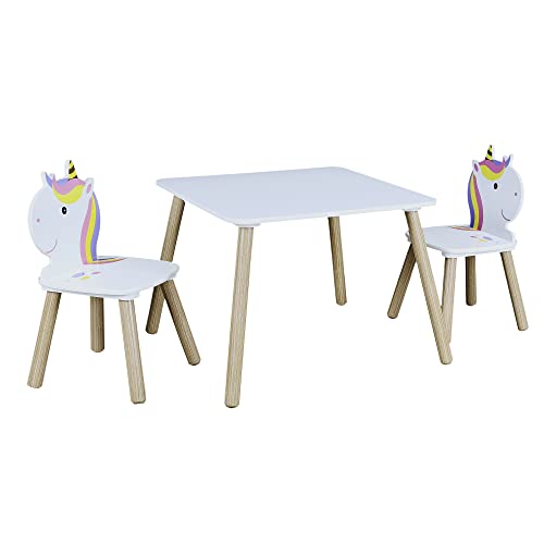 Home Deco Kids HD6764 Lily Tisch und 2 Stühle, Einhorn-Design, für Kinderzimmer, Möbel, Dekoration, Holz/MDF, Violett, 55 x 55 x 43 cm, Weiß-Fuchsia-türkis-lila, 55.00 x 55.00 x 43.00 von Home Deco Kids