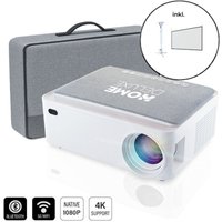 HOME DELUXE - Beamer LINO inkl. Leinwand und Beamerhalterung - Farbe: Weiß inkl. Stoffabdeckung, Lichtstärke: 400 ANSI Lumen, Full HD 4K, Android von Home Deluxe