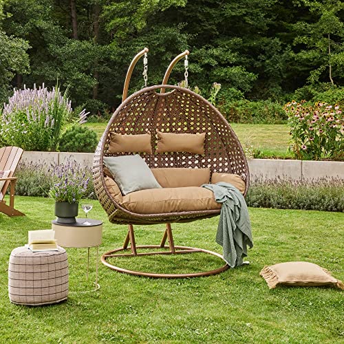 HOME DELUXE - Hängesessel Twin - Braun, Höhe 195 cm - inkl. Regenabdeckung, Gestell, Sitz- und Rückenkissen I Polyrattan Hängestuhl Gartenschaukel Hängekorb von Home Deluxe