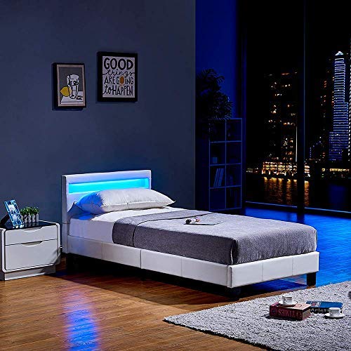 Home Deluxe - LED Bett Astro - Weiß, 90 x 200 cm - inkl. Matratze und Lattenrost I Polsterbett Design Bett inkl. Beleuchtung von Home Deluxe
