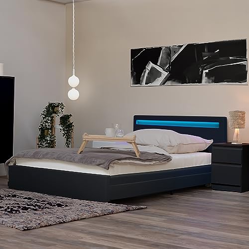 Home Deluxe - LED Bett NUBE - Dunkelgrau, 180 x 200 cm - inkl. Matratze, Lattenrost und Schubladen I Polsterbett Design Bett inkl. Beleuchtung von Home Deluxe